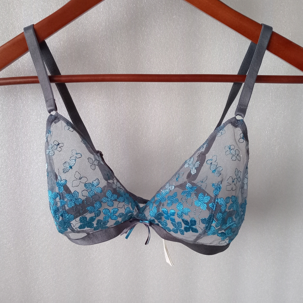 Triumph Gray/ Blue Lace Bra Embroidered Floral Sheer Sexy Fairy Size 36B
